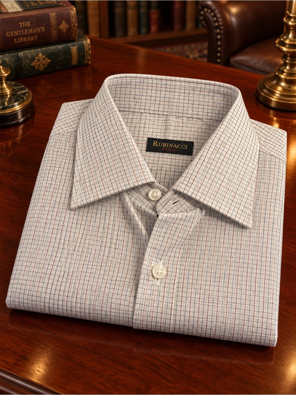 Rubinacci Napoli White Dress Shirt with Blue and Red Windowpane Check